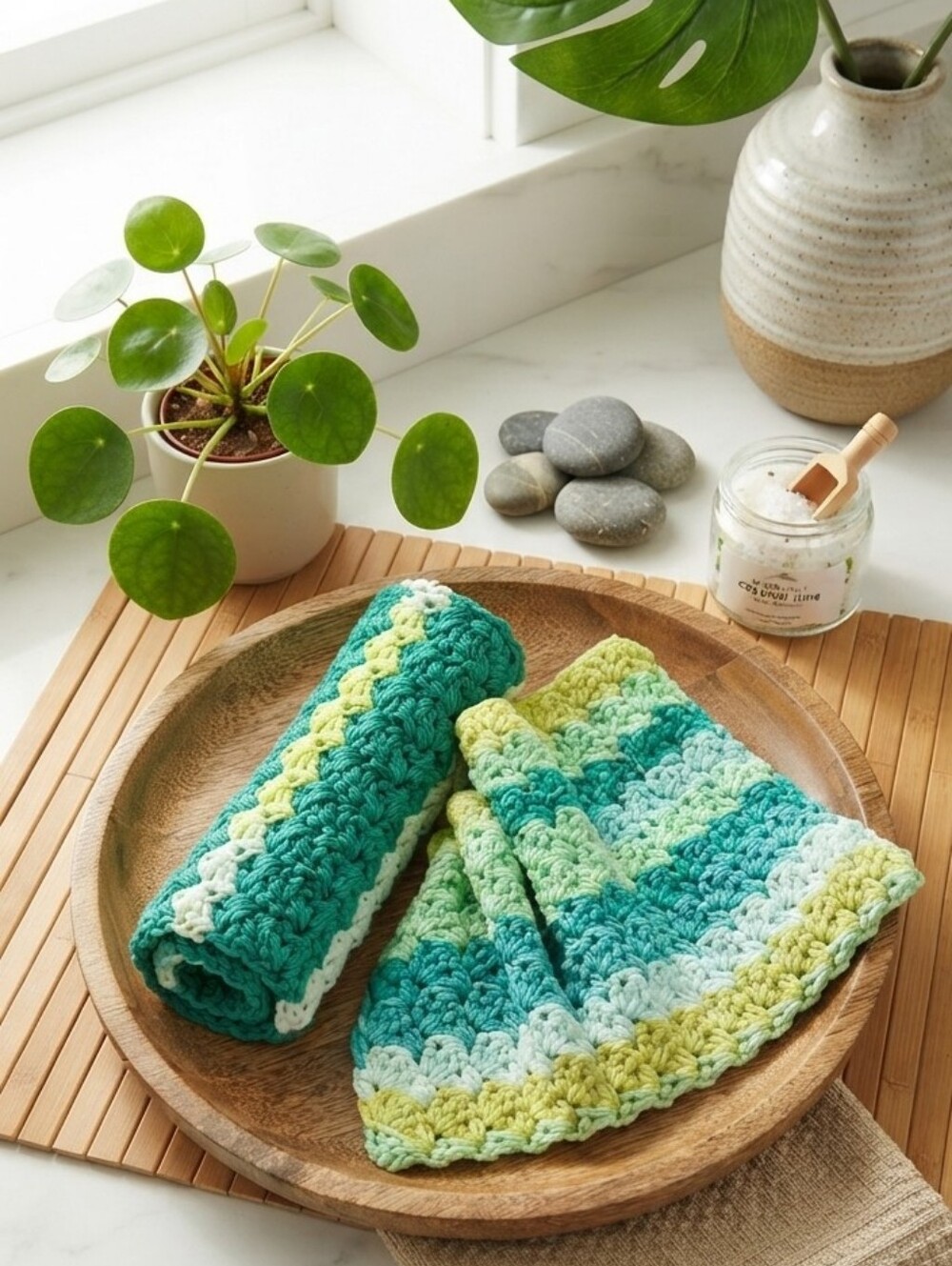 Handcrafted Crochet Dishcloth Set 8x8 Eco-Friendly Cotton Tropical Green Palette
